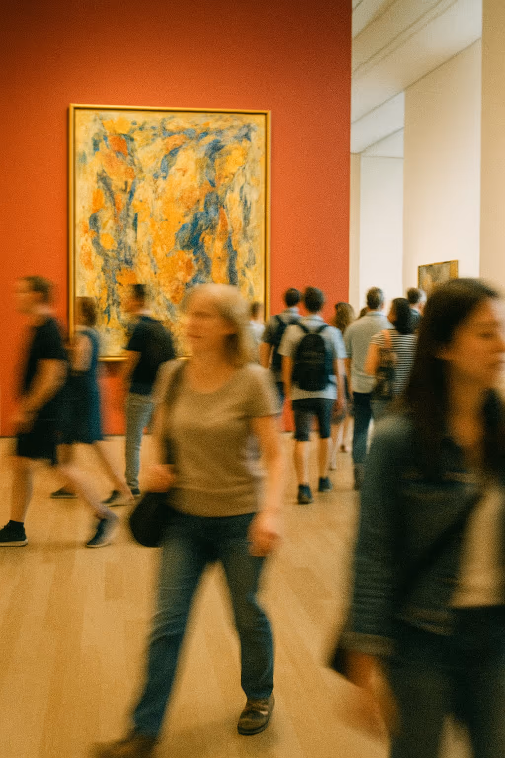 Visitors walking through a modern art gallery with a large abstract painting.