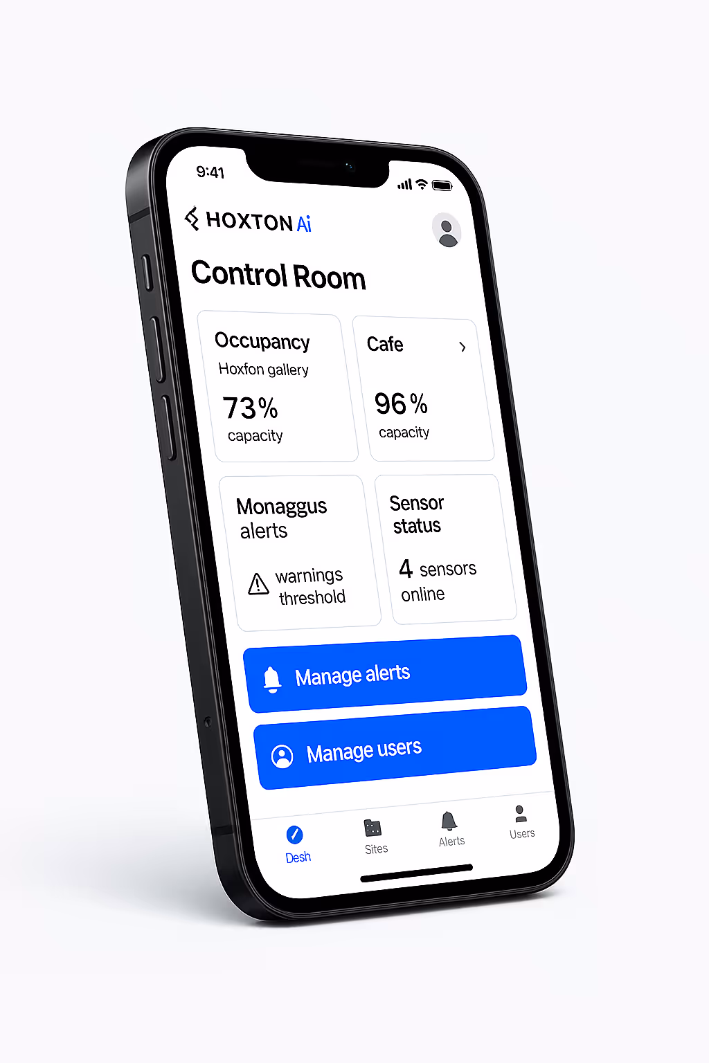 A cell phone with a HOXTON AI control dashboard on the screen.