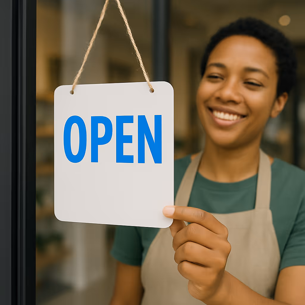 A woman holding a sign that says open