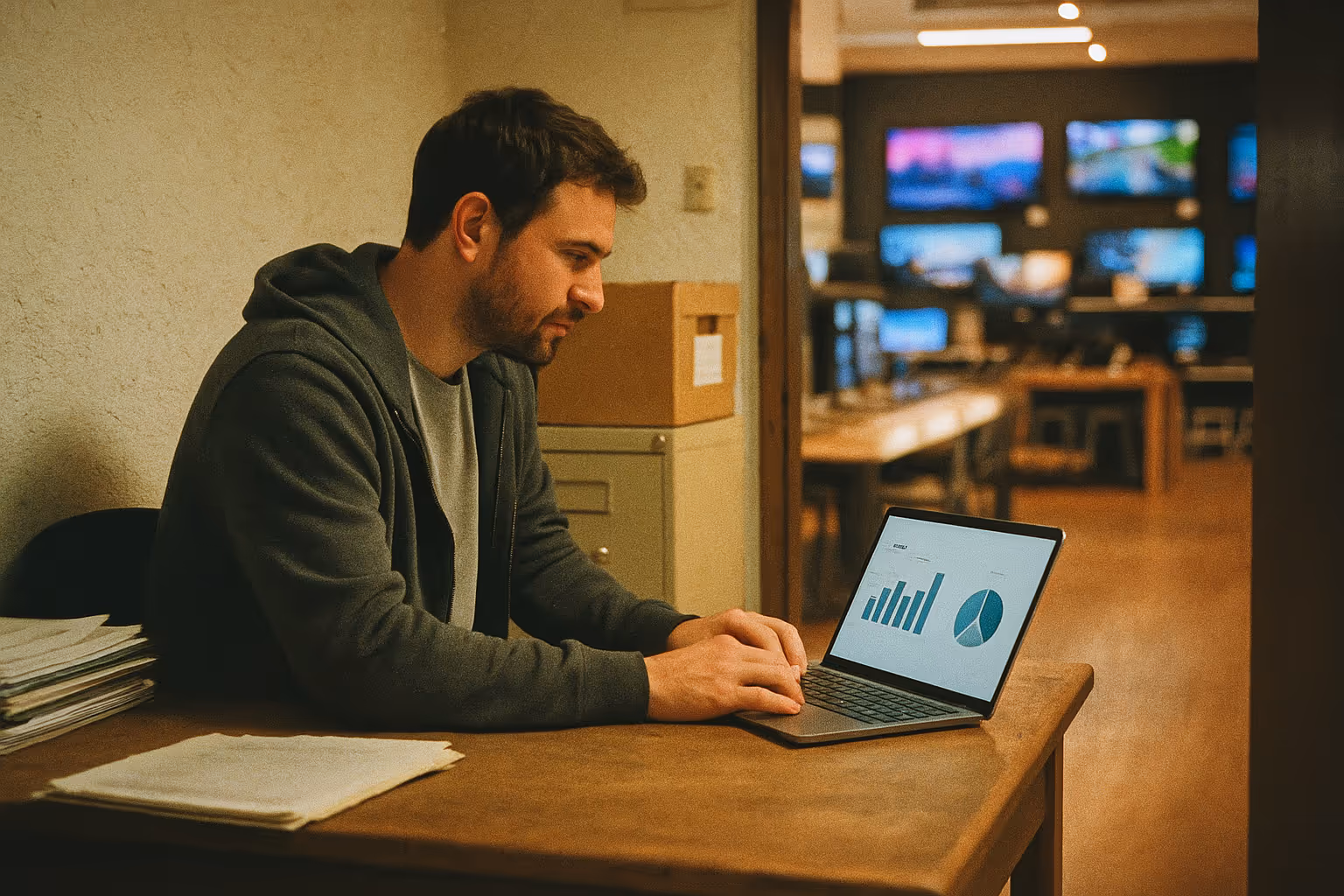 A man sitting at a table using a laptop computer.