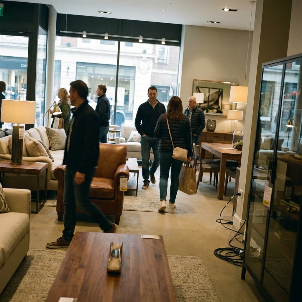 A couple of people walking through a lobby.