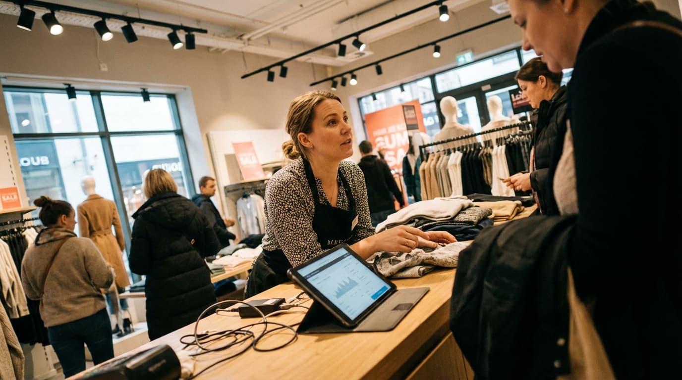 A woman standing at a counter in a clothing store