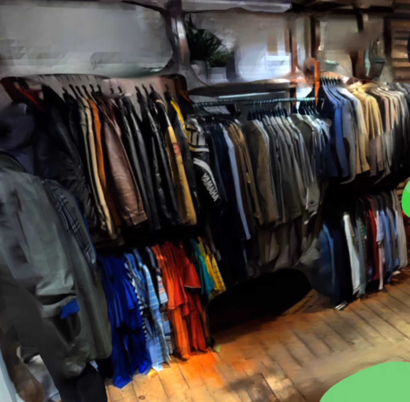 Clothing store display with shirts and jackets on racks.