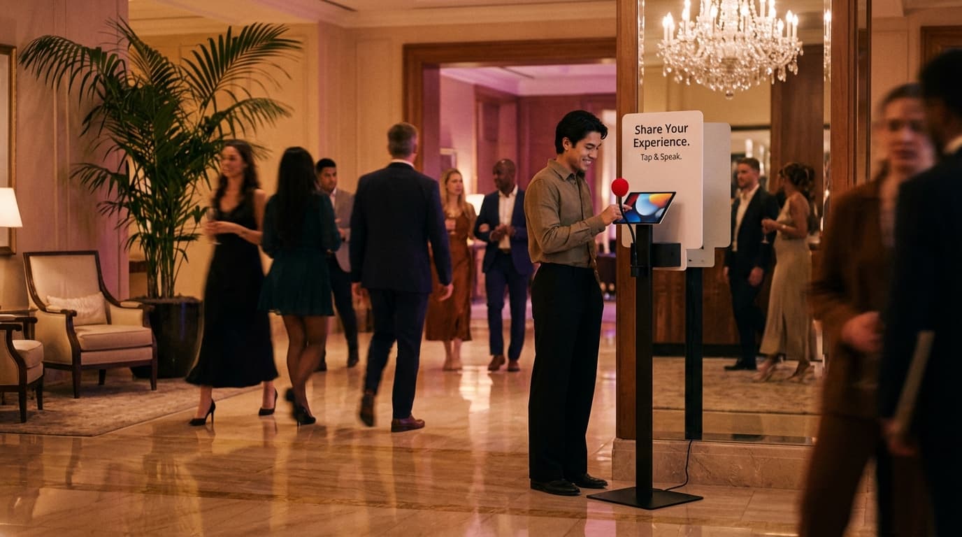 Hotel reception with guest feedback terminal