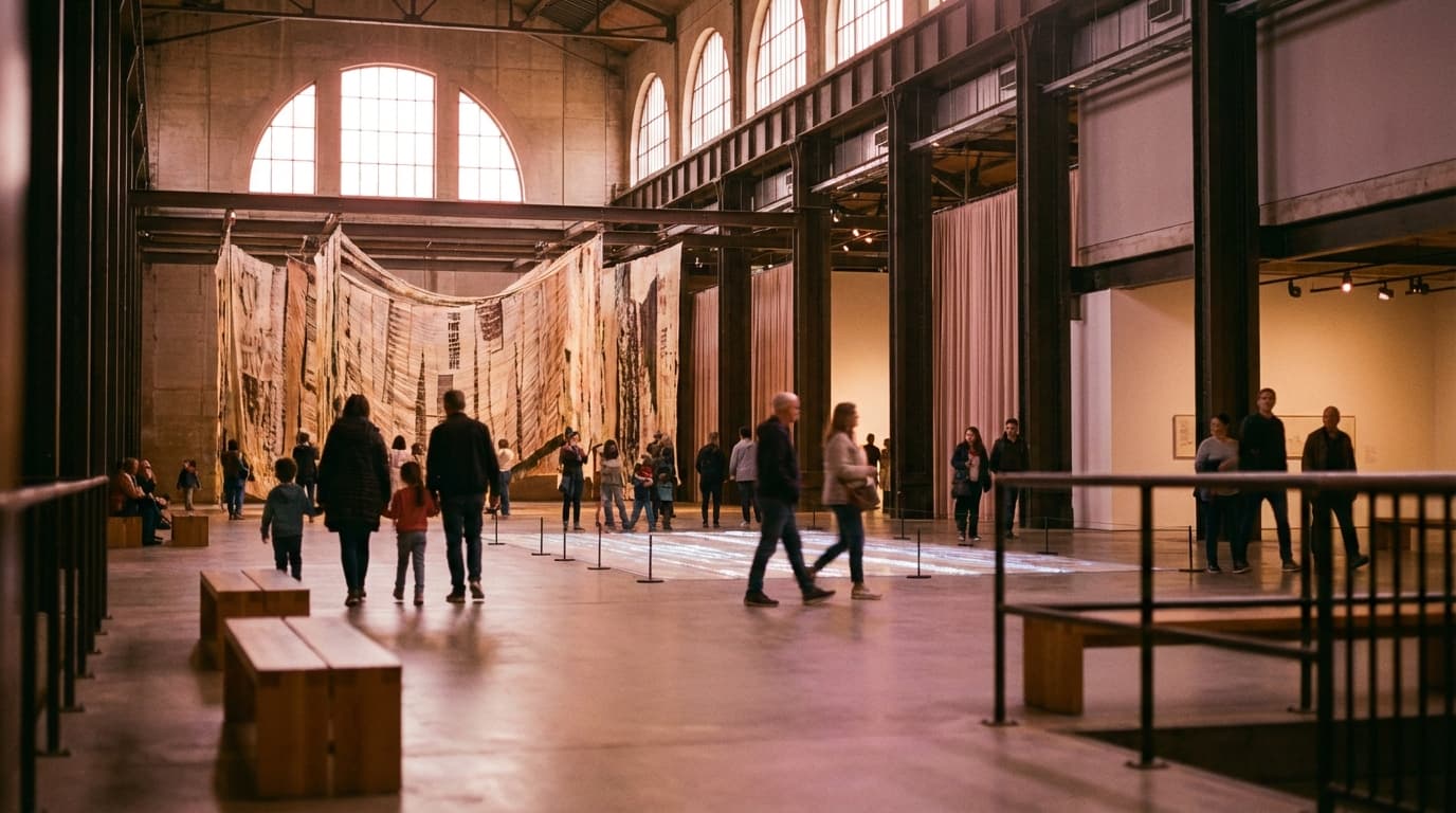 Grand world-class gallery interior with high ceilings, contemporary art installations, and diverse visitors